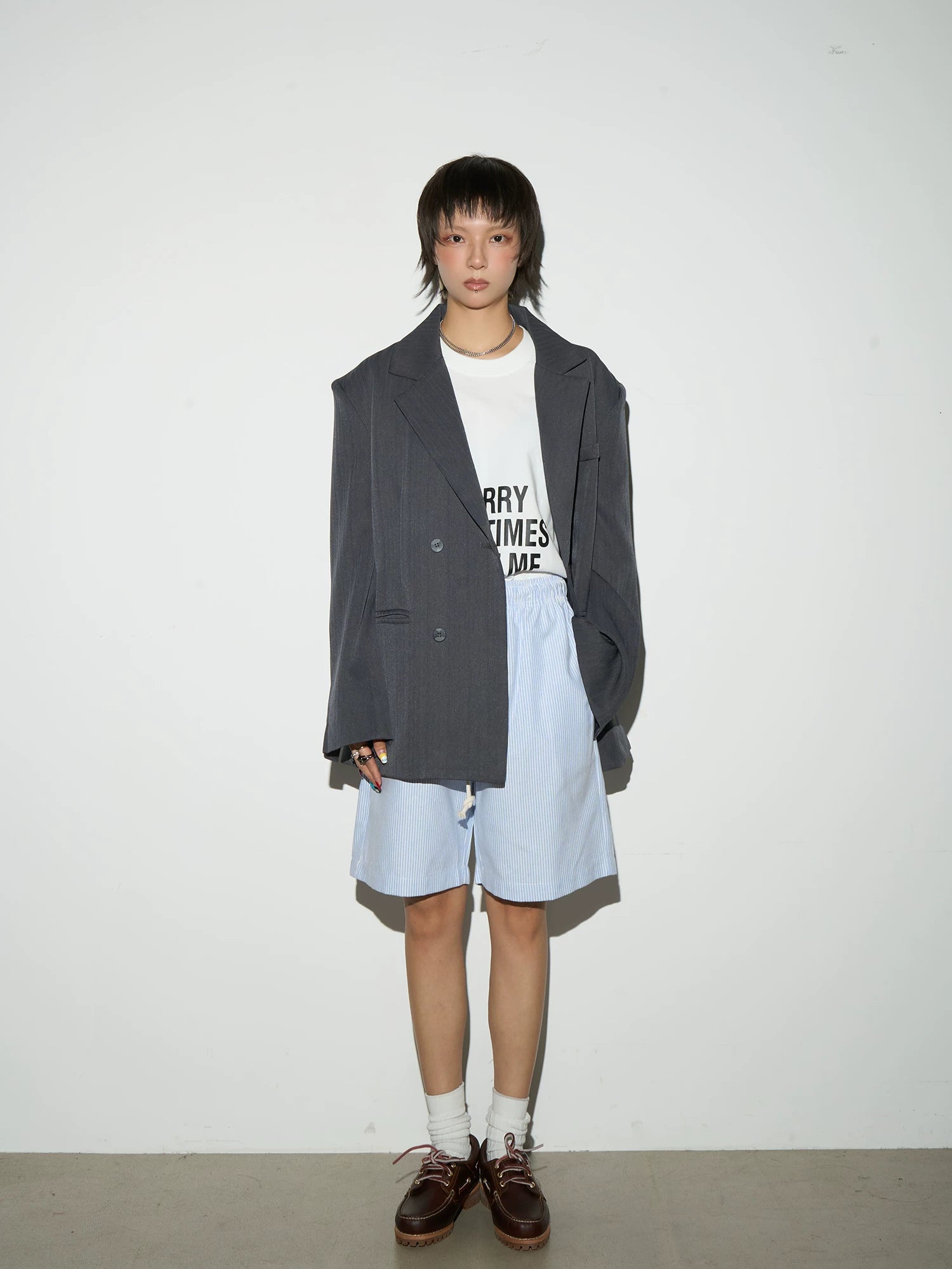 Shoulder-Pad Draped Tailored Jacket & Trousers Setup