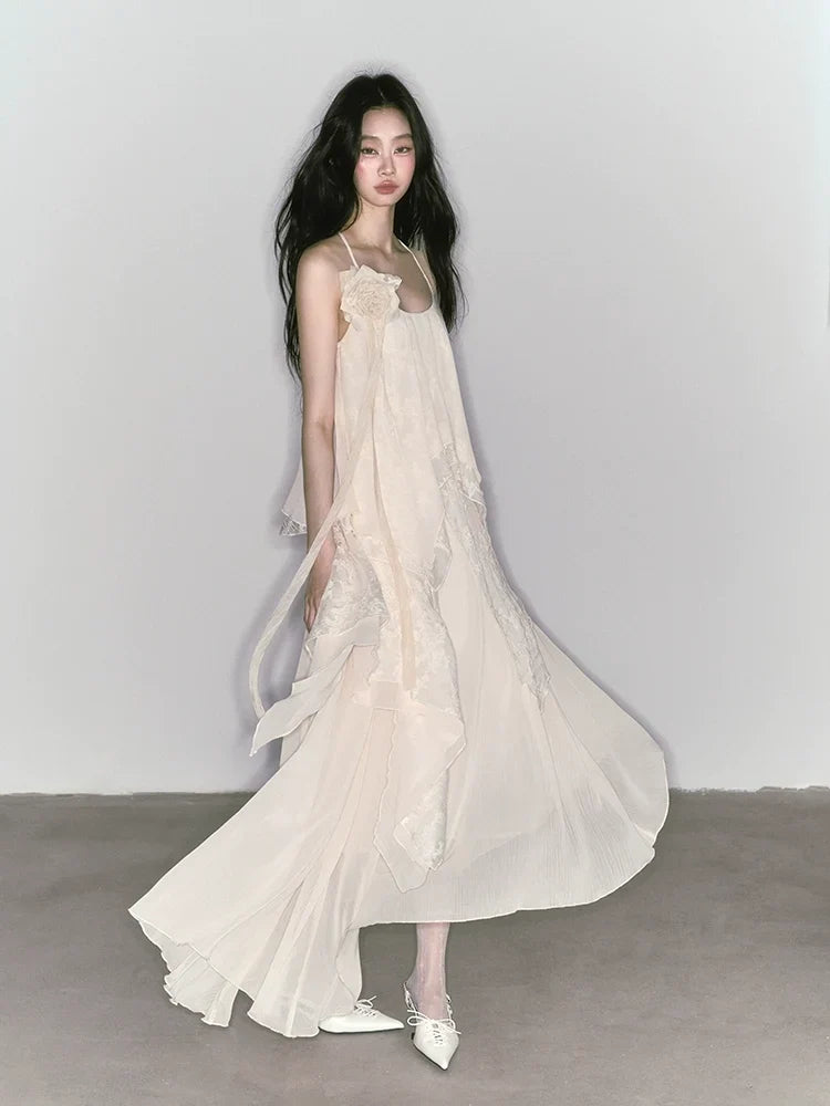 With Brooch Irregular Camisole Dress & Long Sleeve Shirt Setup