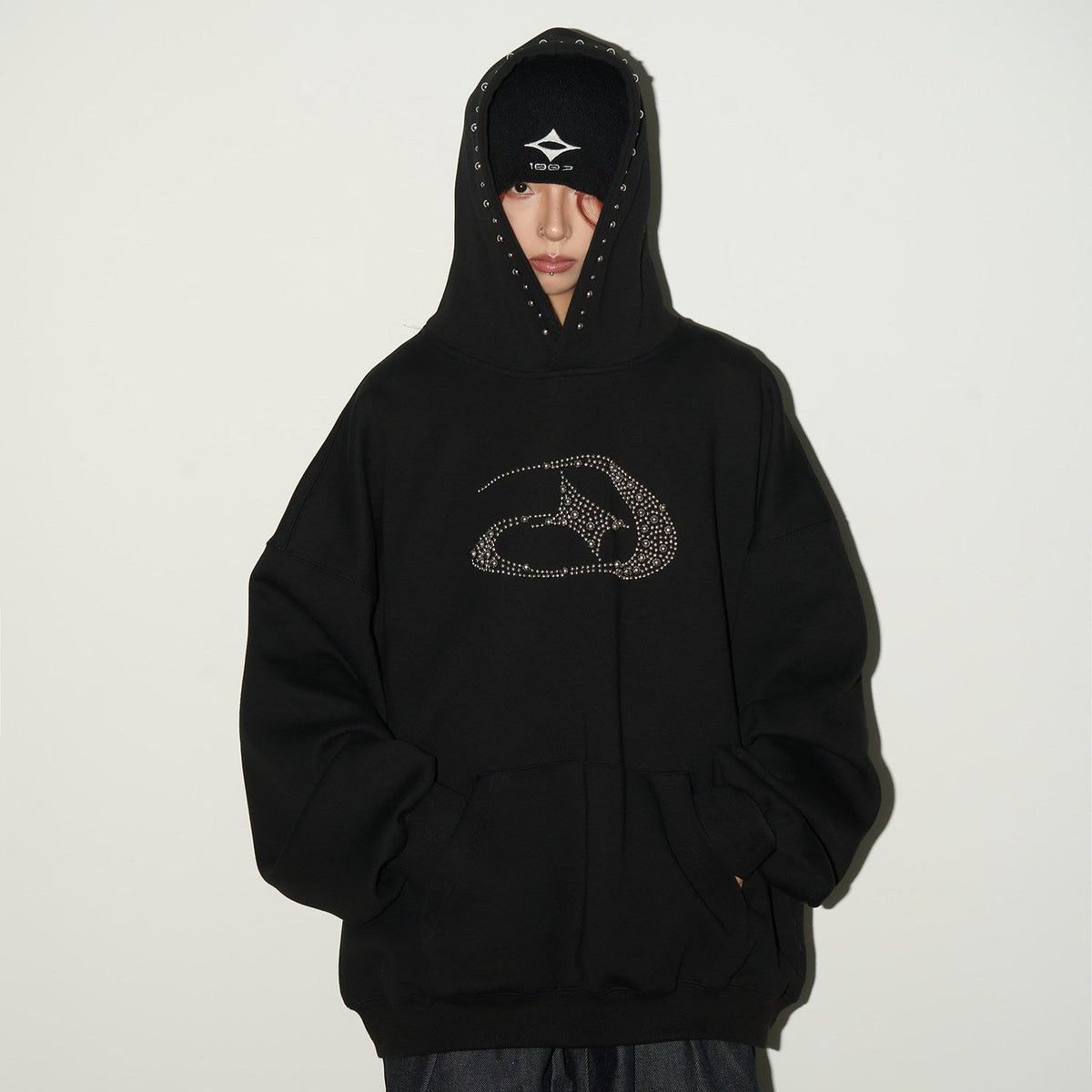 Studded Beaded Design Oversize Pullover Hoodie