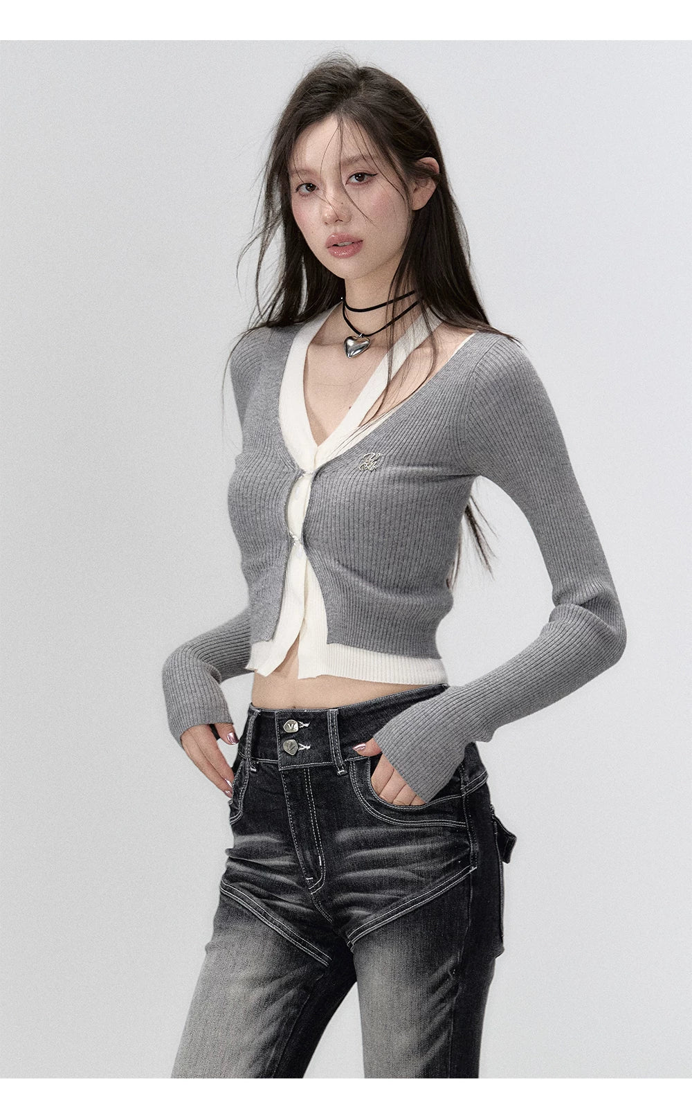 Fake Layered Long Sleeve Knit Cardigan