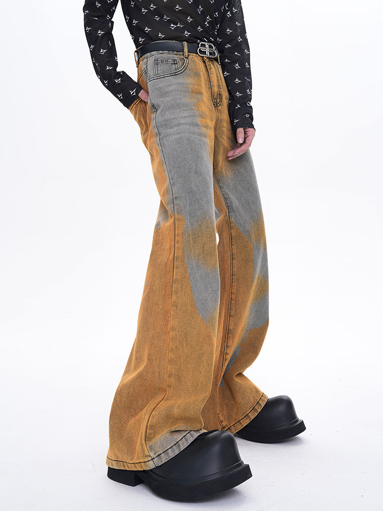 Gradient Short Sleeve Damage Denim Shirt Jacket & Micro Flare Denim Jeans Setup