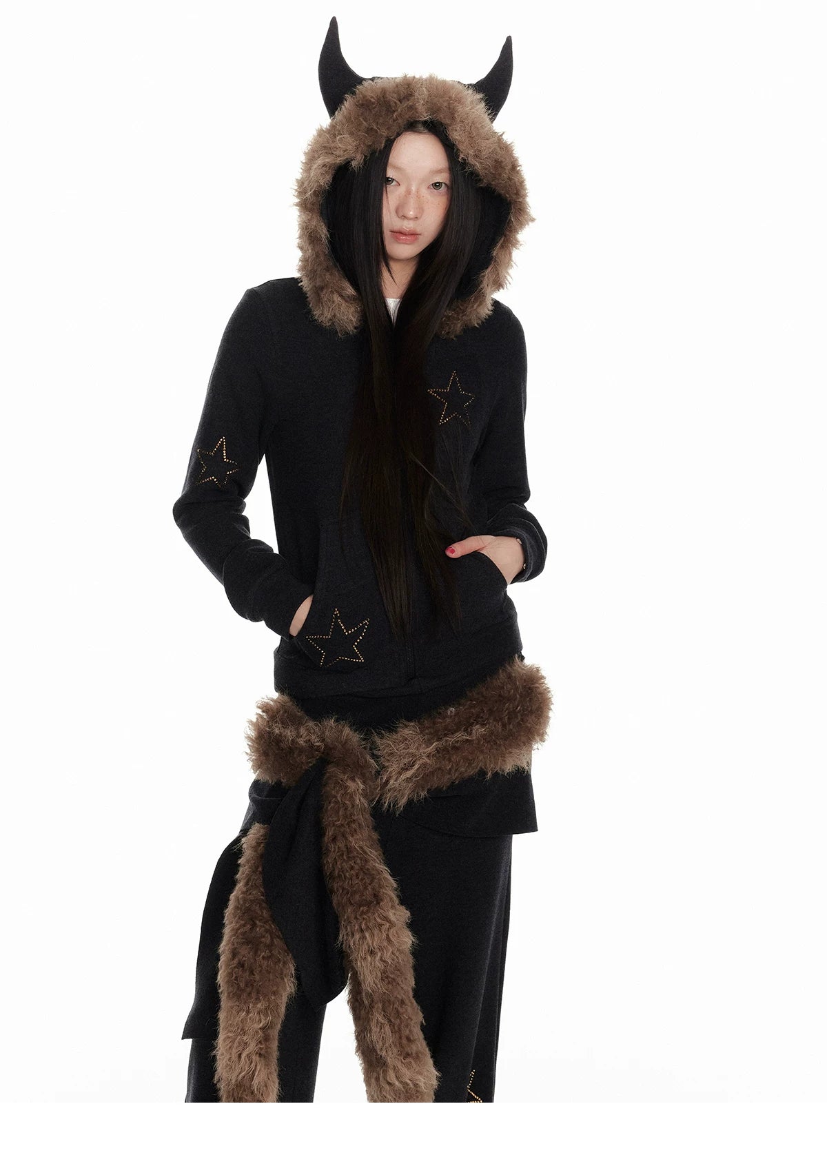 Horn Fur Collar Fuzzy Zipper Hoodie & Wide-Leg Pants Setup