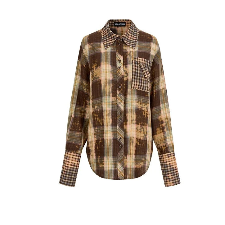 Oversize Plaid Long Sleeve Shirt & Short Skirt & Scarf Setup