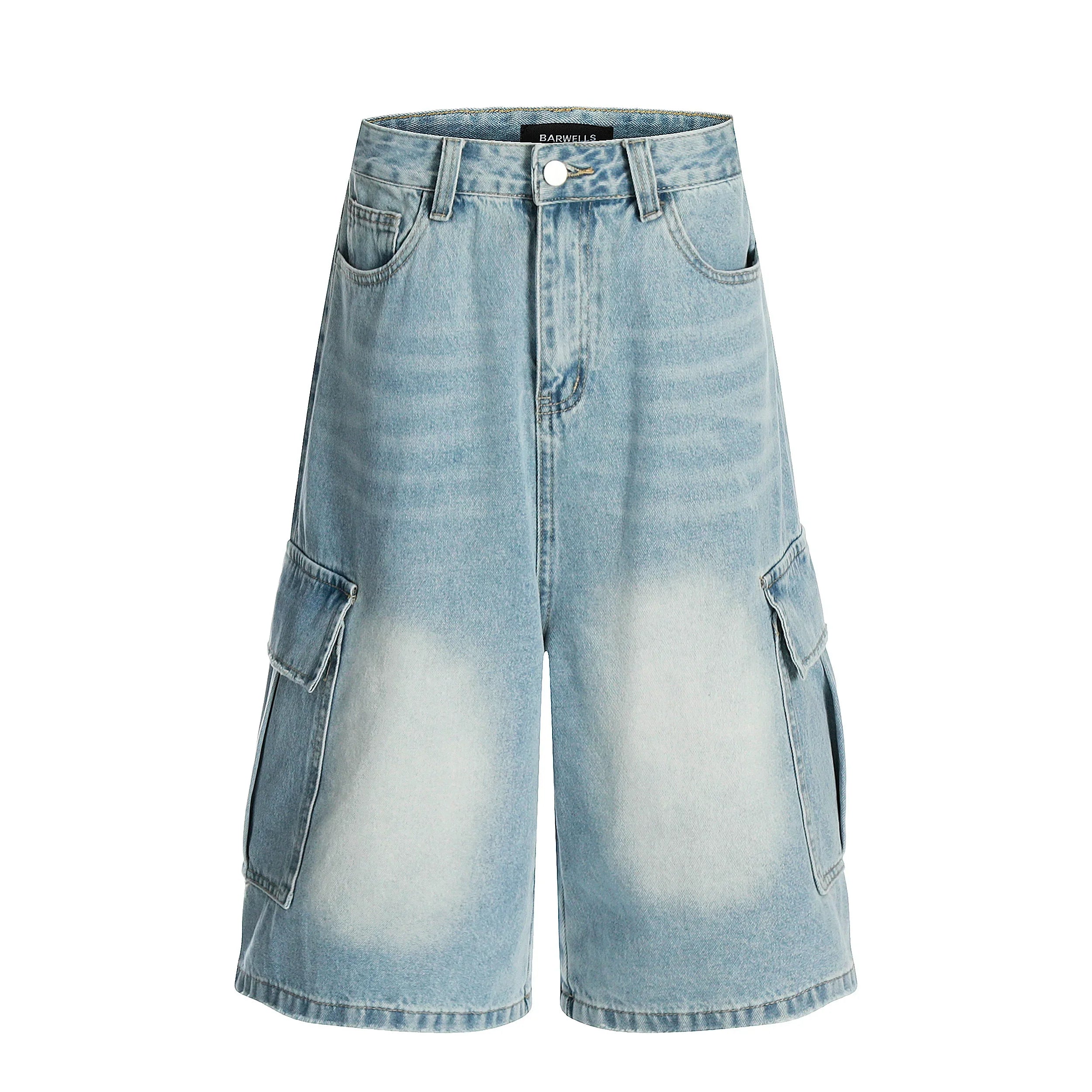 Washed Light Blue Multi-Pocket Wide Leg Denim Short