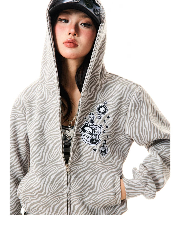 Zebra Print Graphic Zip-Up Hoodie