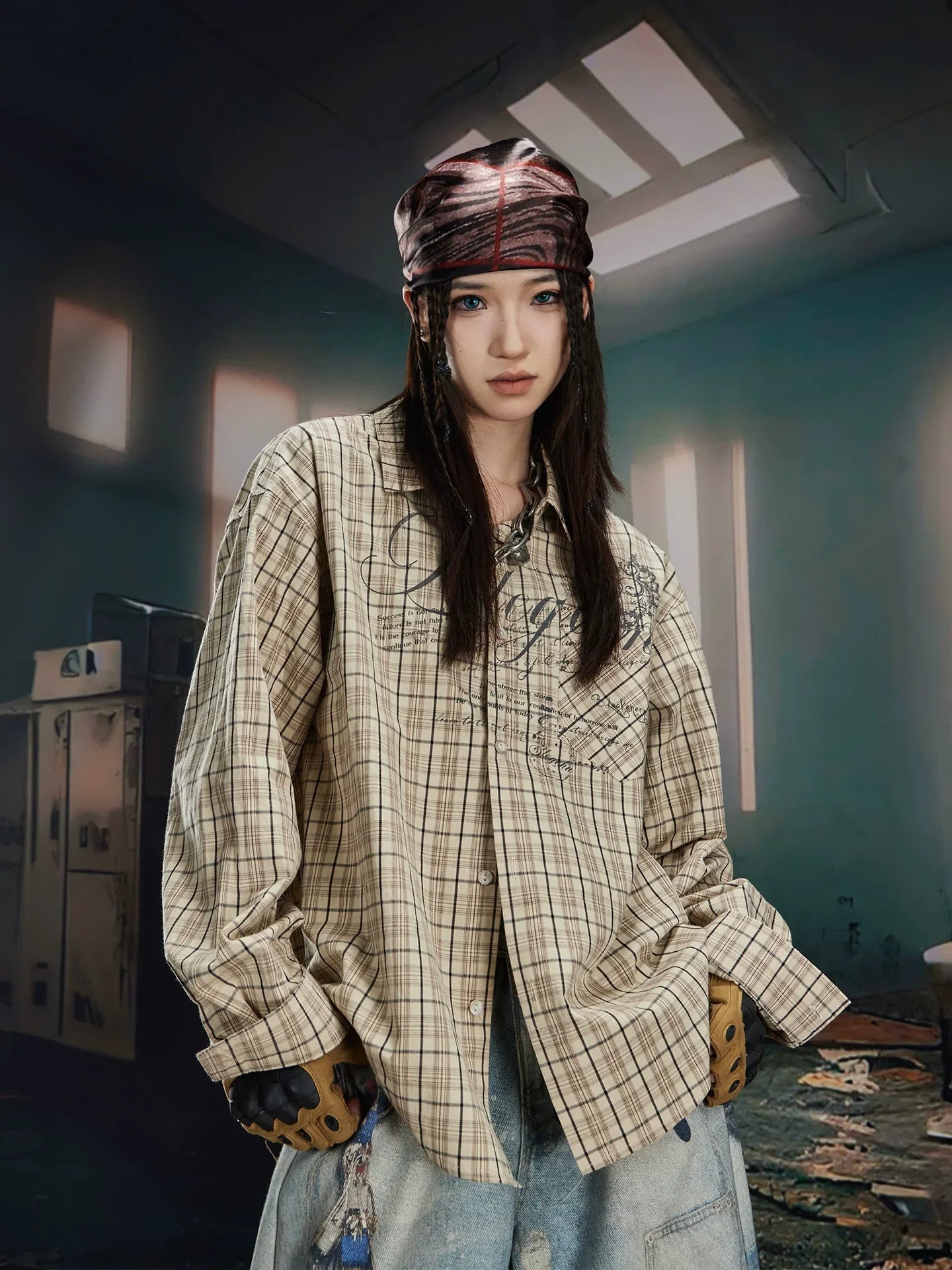 Print Oversize Plaid Long Sleeve Shirt