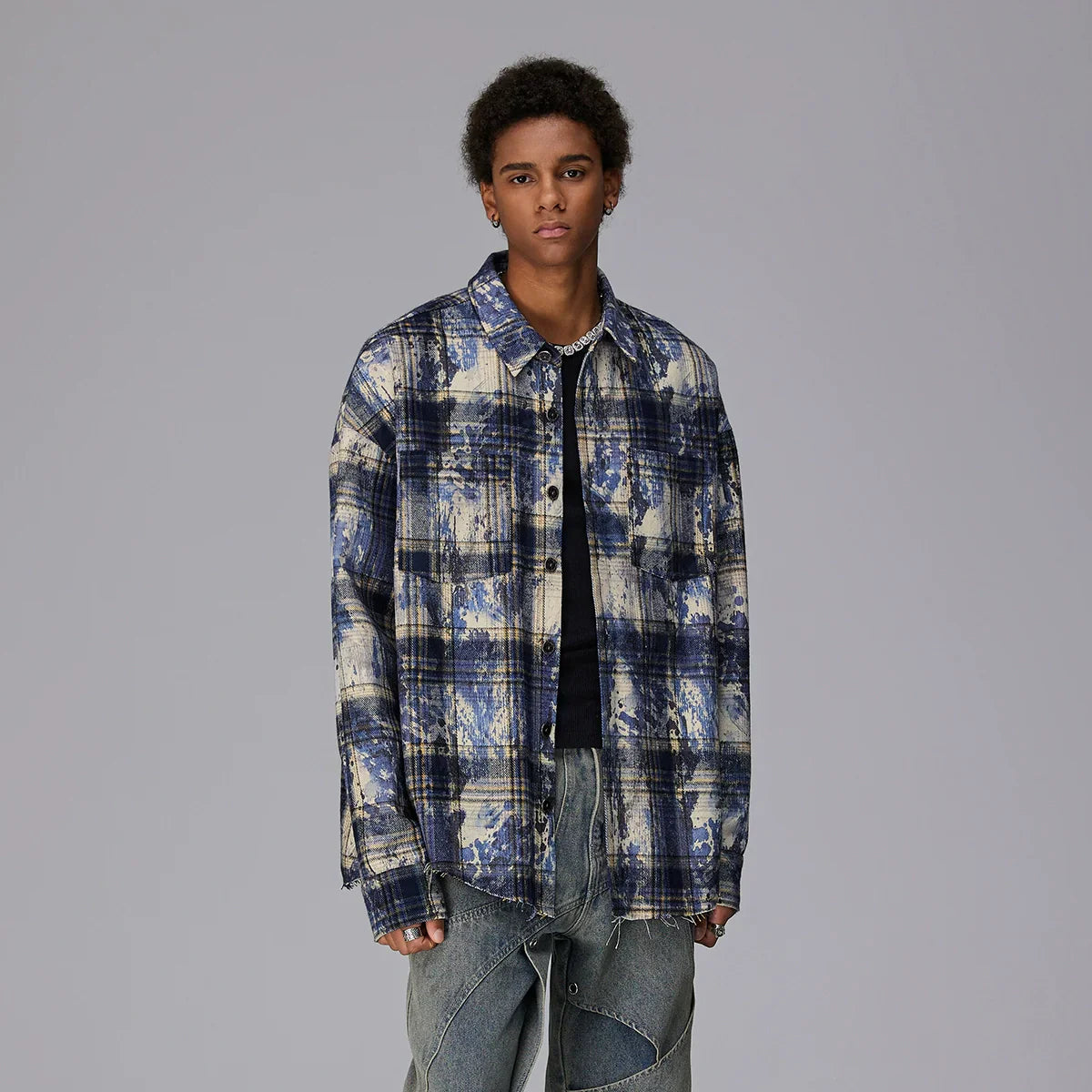 Graphic Embroidery Plaid Design Oversize Long Sleeve Shirt