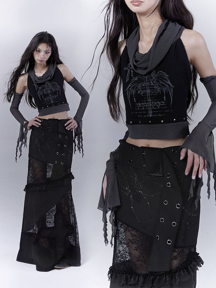 Rivet Print Patchwork Sleeveless T-Shirt & Arm Cover Set