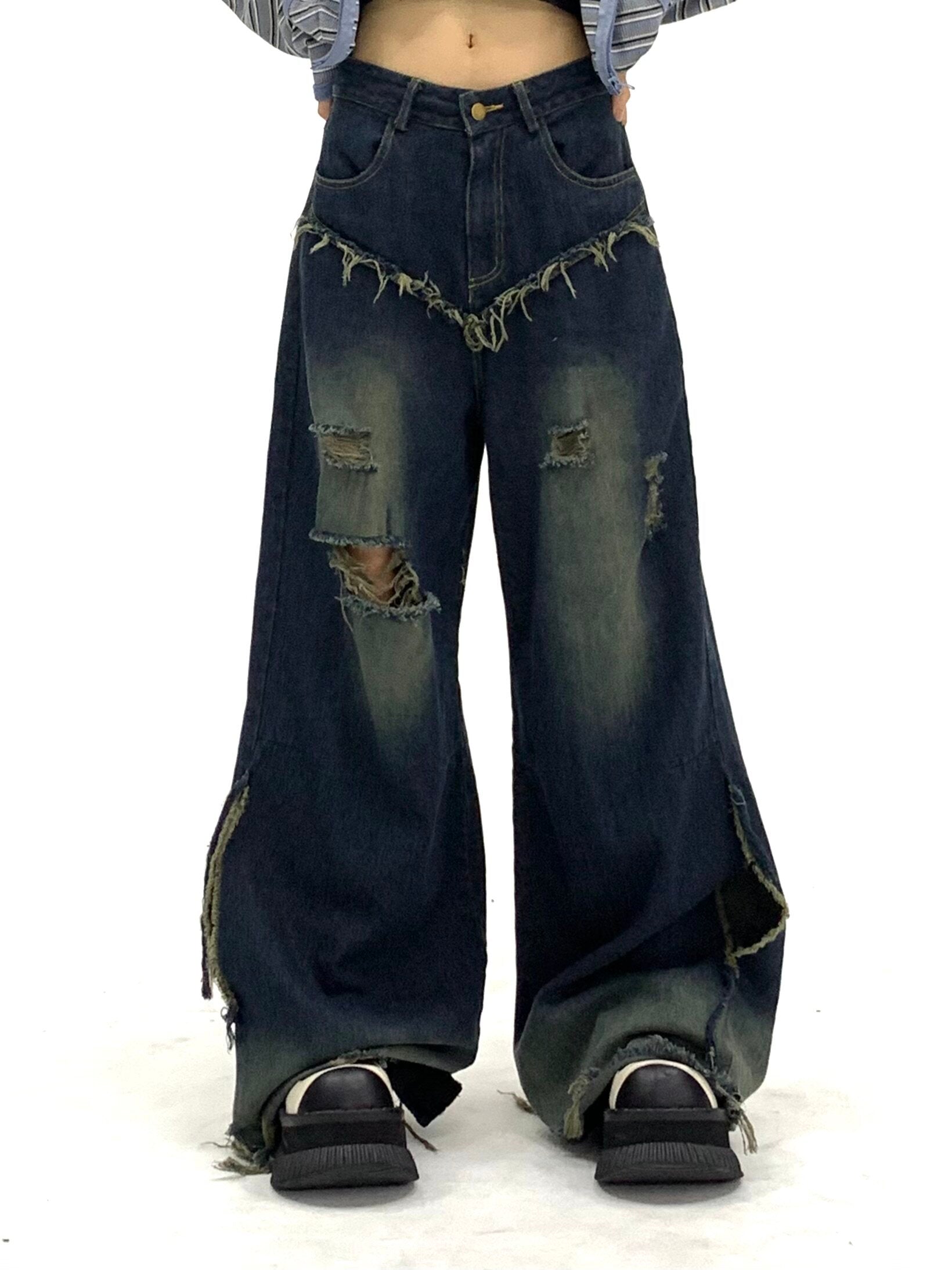Washed Damage Fray Panel Wide Leg Denim Jeans