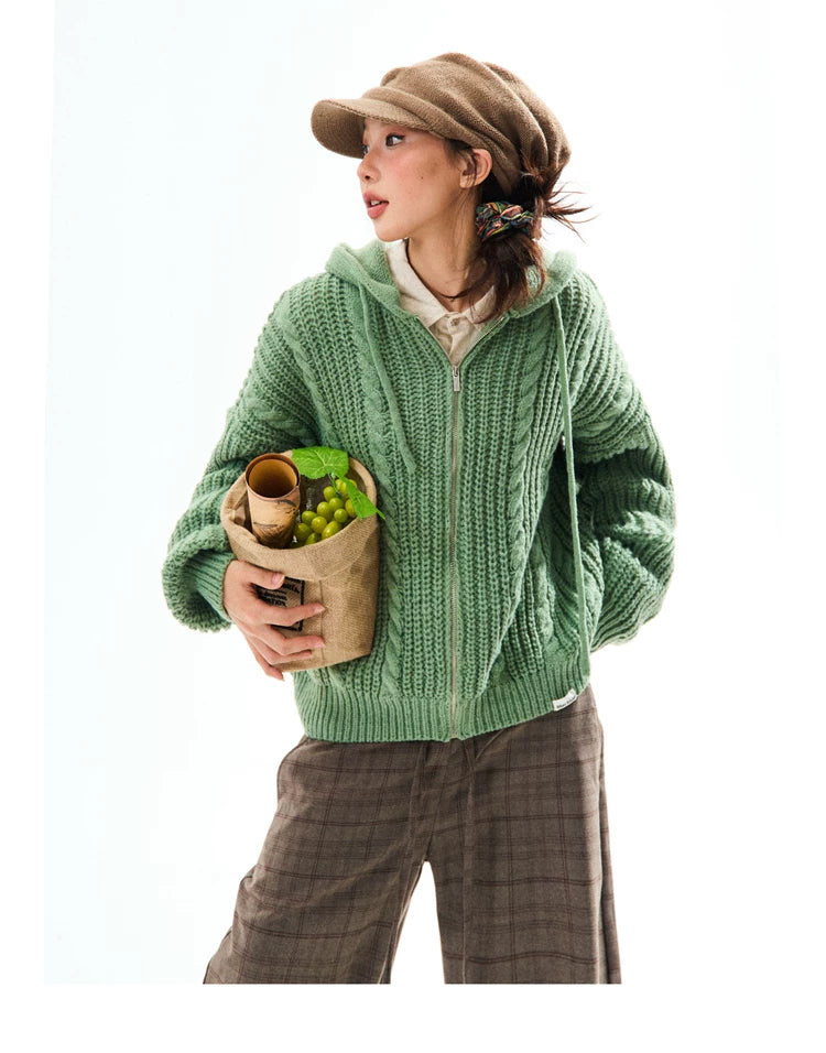 Chunky Knit Zipper Hooded Oversize Cardigan