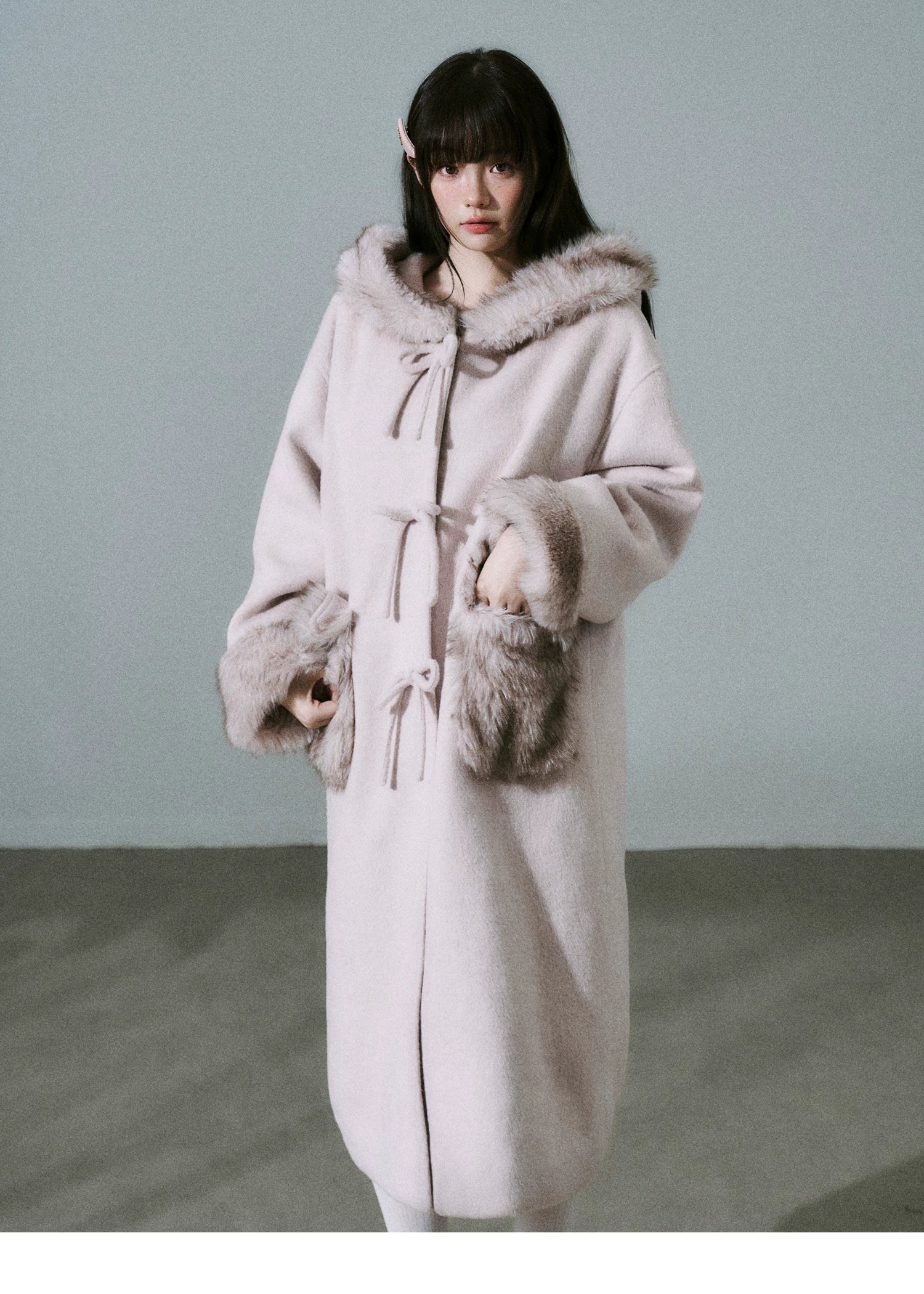 Bow Detail Fake Fur Trim Coat