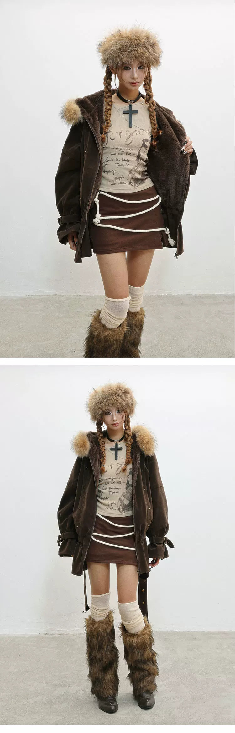French Inspired Fleece Fake Rabbit Fur Lining Jacket