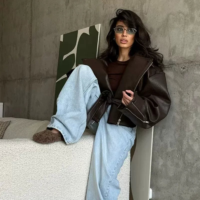 Vintage Damen-Lederjacke mit langen Ärmeln und Schnürung