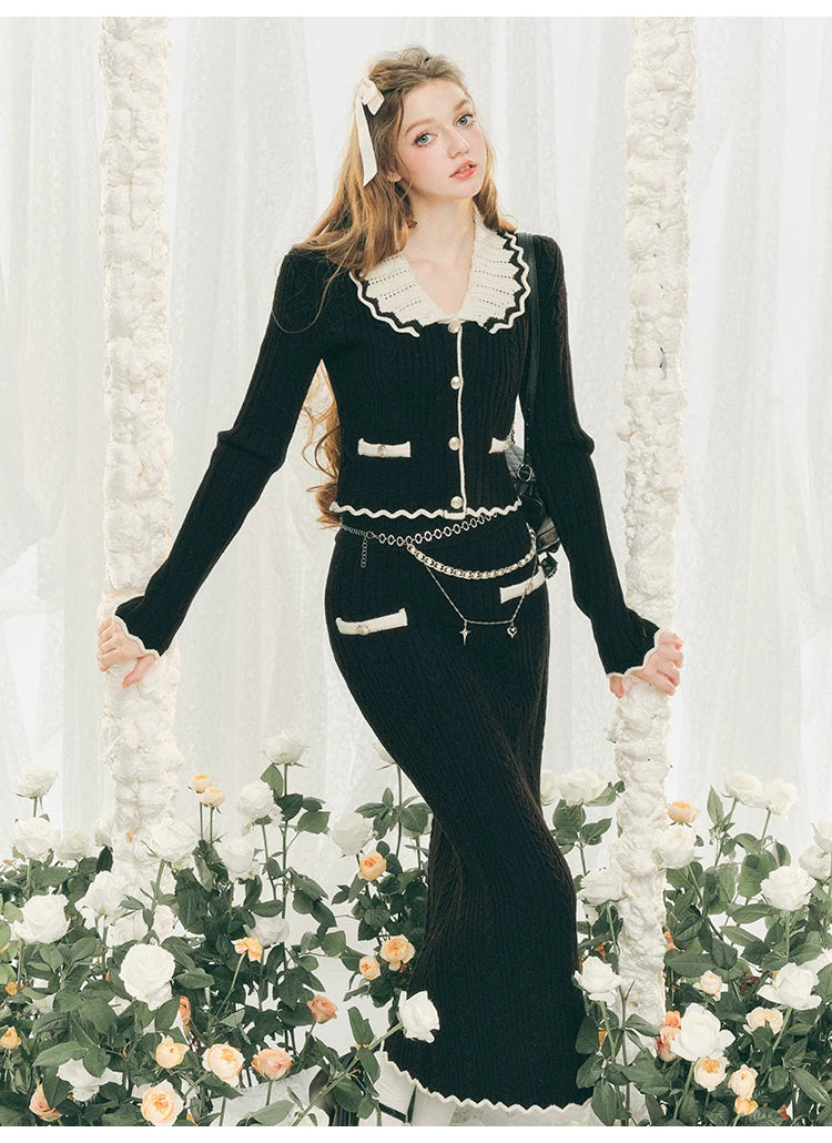 Ensemble cardigan en tricot à grand col et jupe moulante
