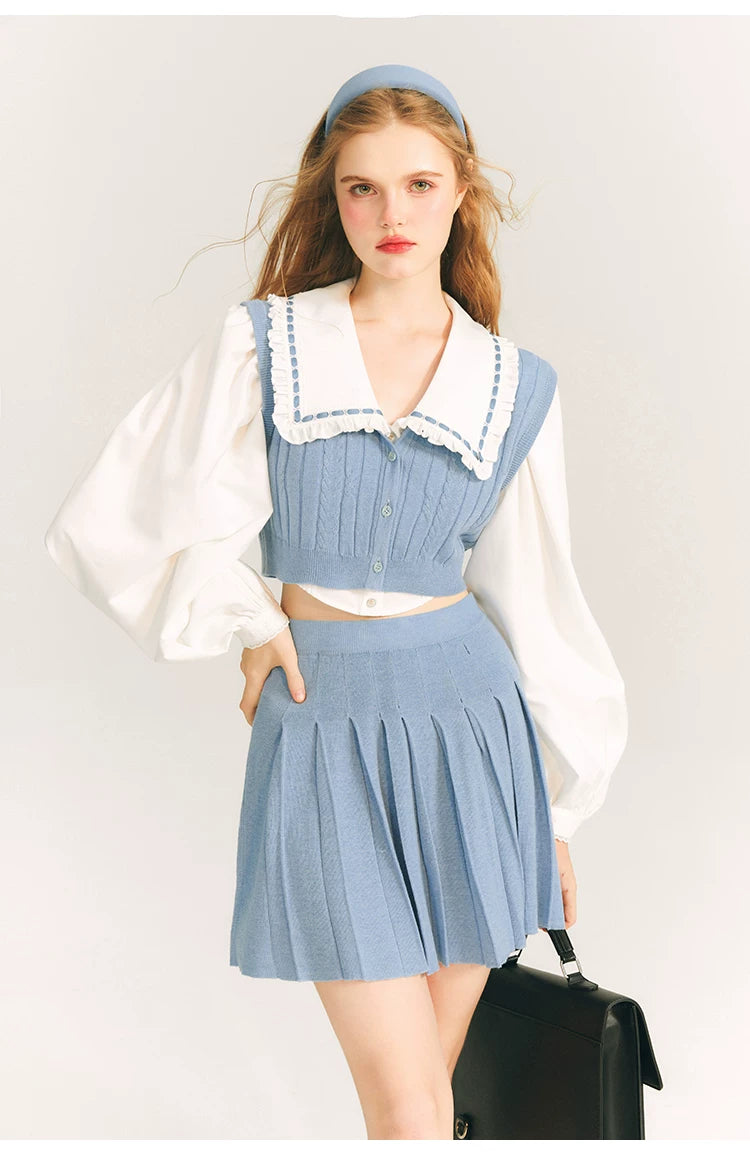 Button Knit Vest & Knit Pleated Skirt Setup