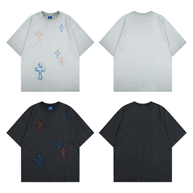 Washed Cross Applique Short Sleeve T-Shirt