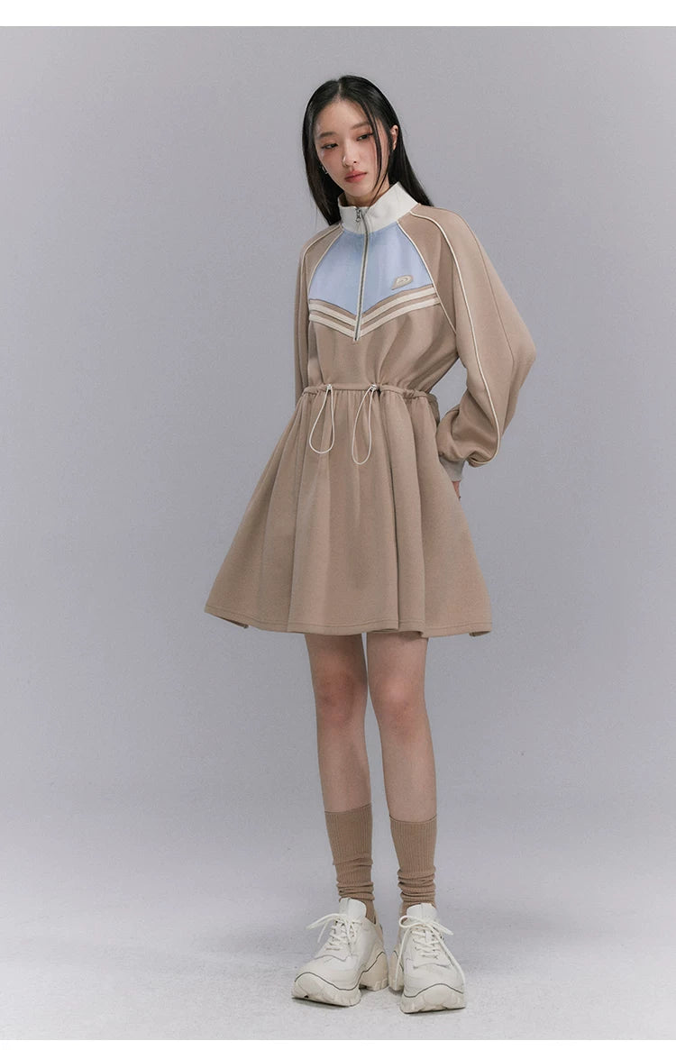 Embroidery Color Blocking Sporty Long Sleeve Jersey Dress
