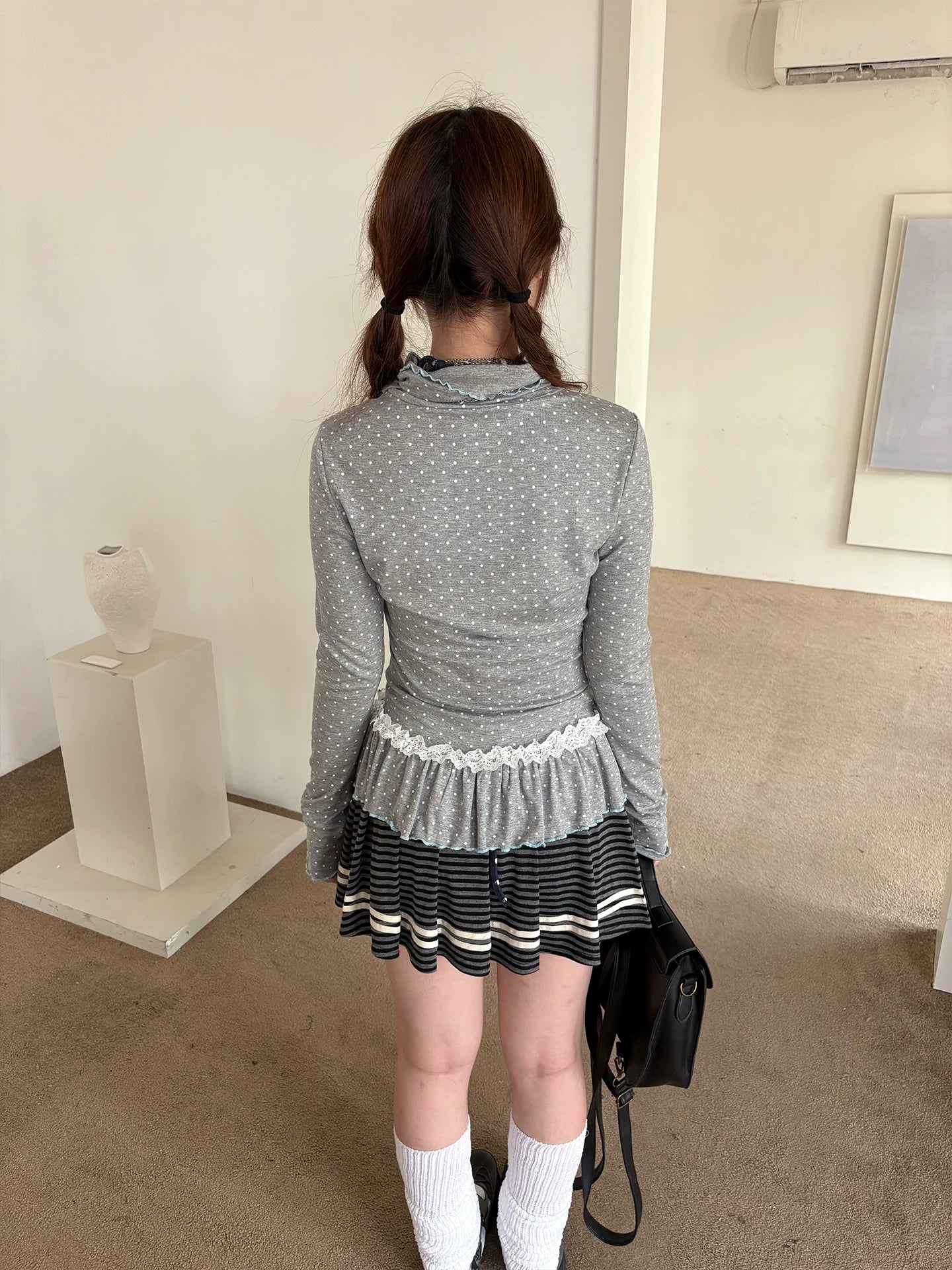 Polka Dot Lace High-Neck Long Sleeve T-Shirt