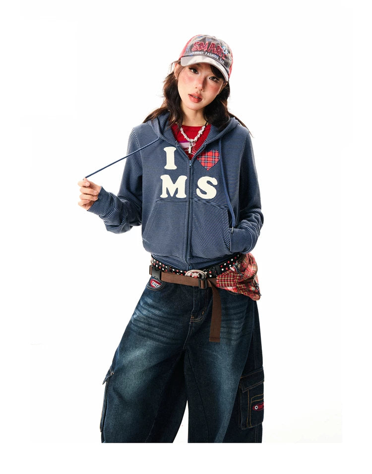 Heart Letter Print Stripe Cropped Zipper Hoodie