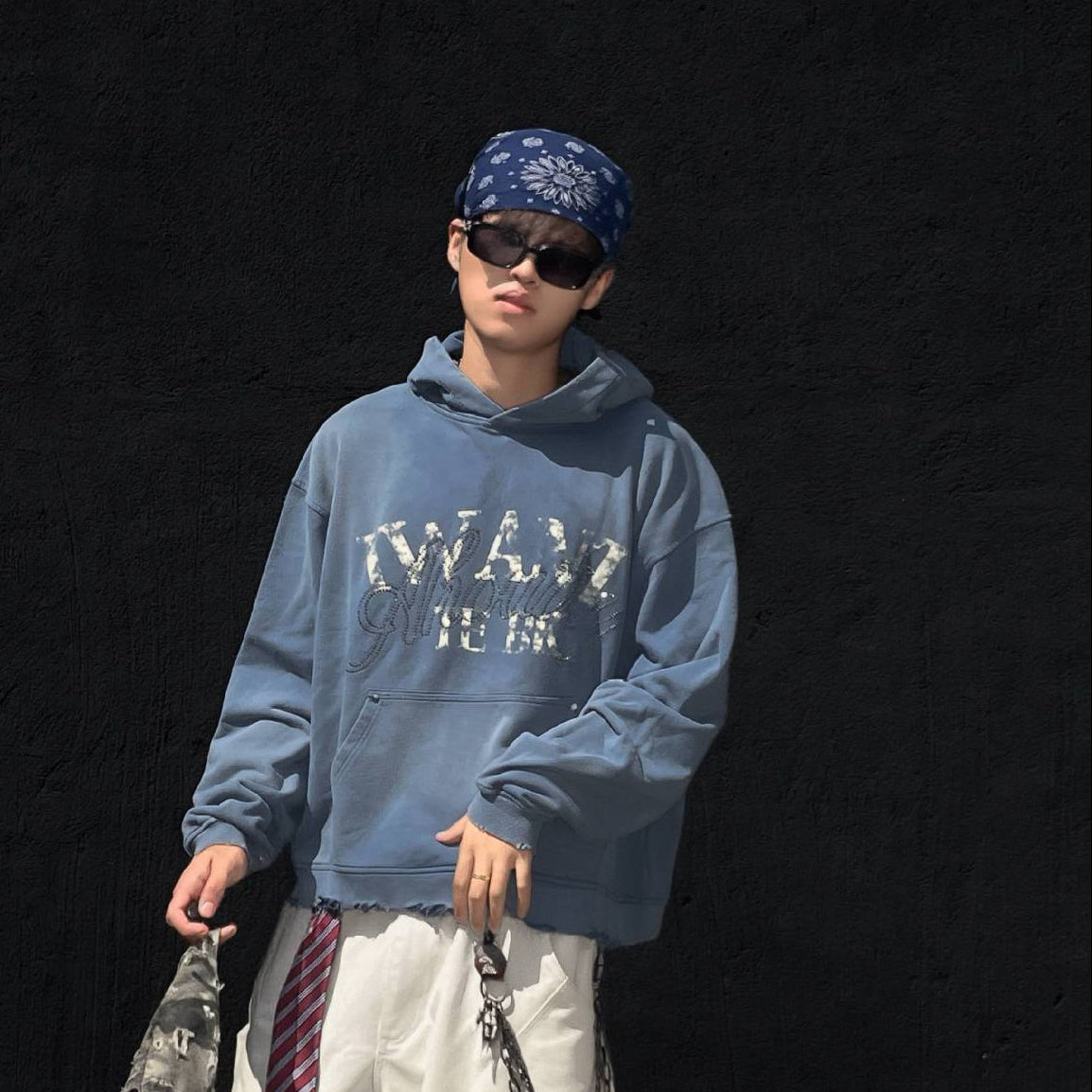 Washed Letter Rhinestone Design Damage Hoodie