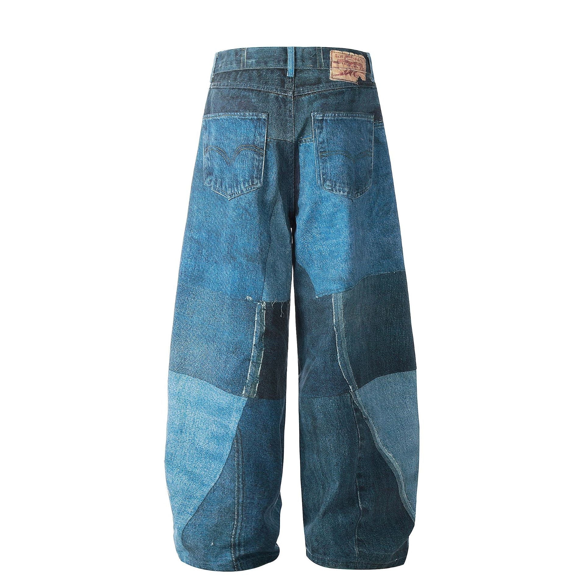 Washed Irregular Print Wide Leg Curved Denim Jeans