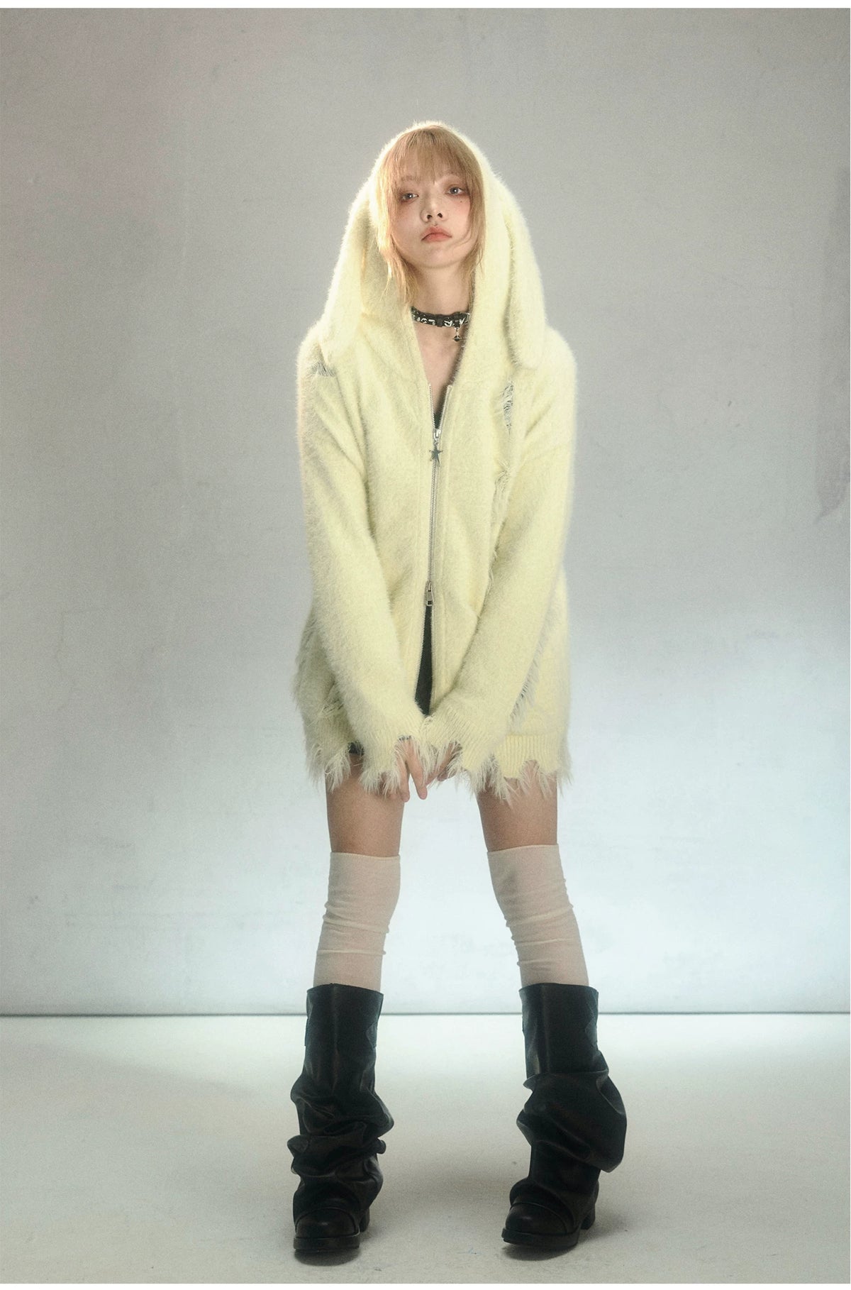 Rabbit Ear Zipper Knit Hoodie