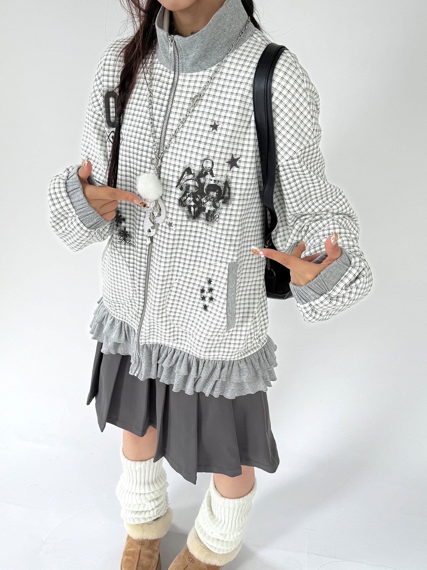 Checkered Ruffle Hem Oversize Zipper Hoodie