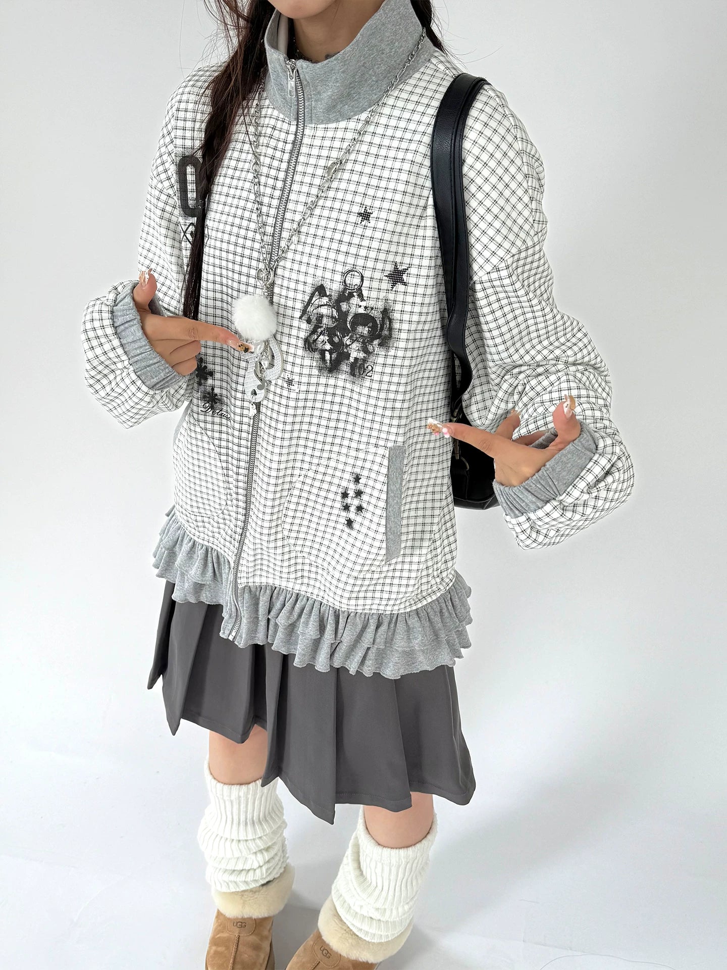 Checkered Ruffle Hem Oversize Zipper Hoodie