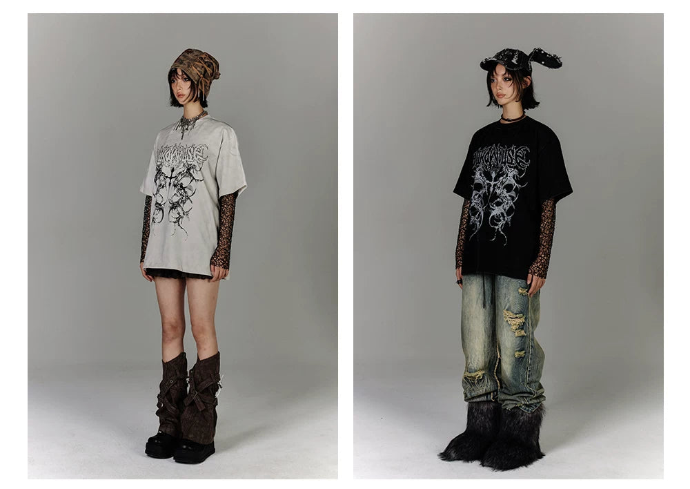 Washed Damage Oversize Short Sleeve T-Shirt & Spiderweb Mesh Long Sleeve Shirt