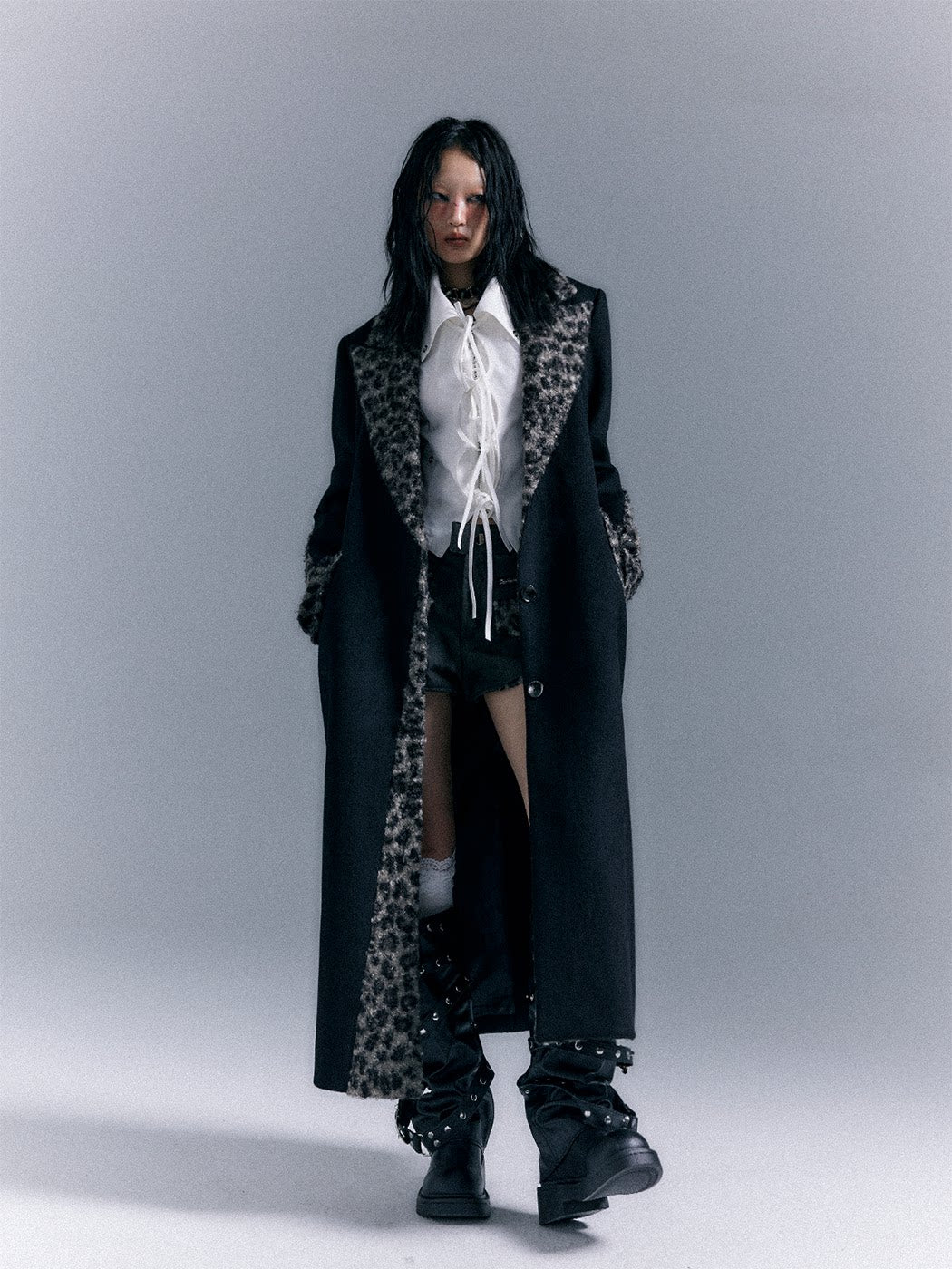 Shoulder Pad Leopard Print Patchwork Wool Coat