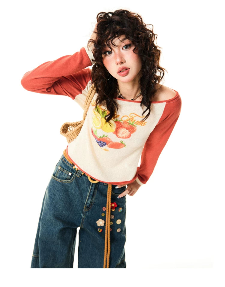 Fruit Graphic Print Off-Shoulder Fitted Long Sleeve T-Shirt