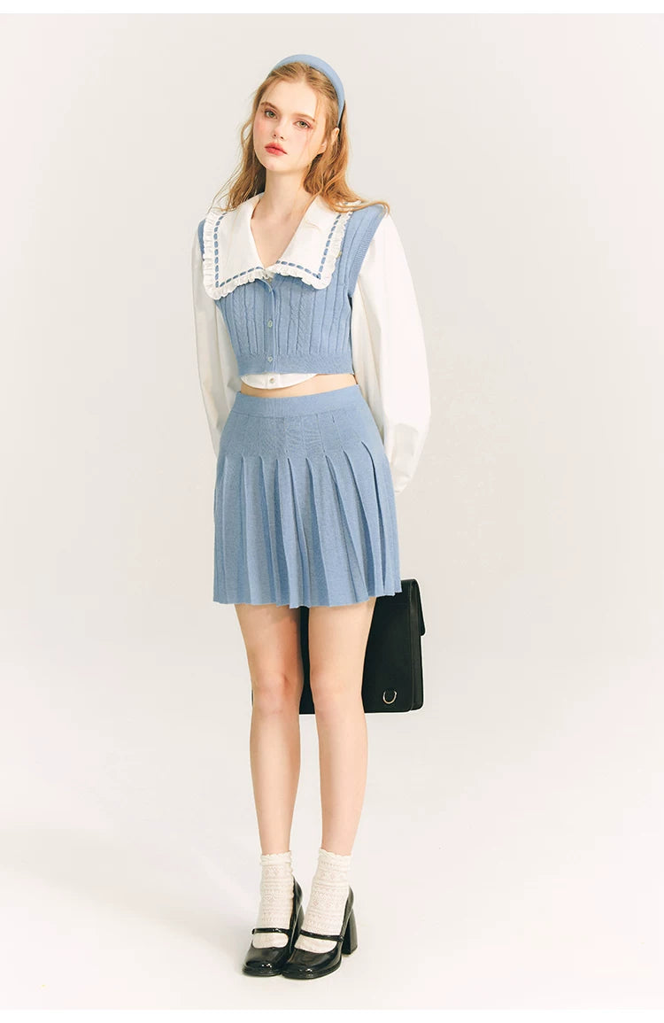 Button Knit Vest & Knit Pleated Skirt Setup