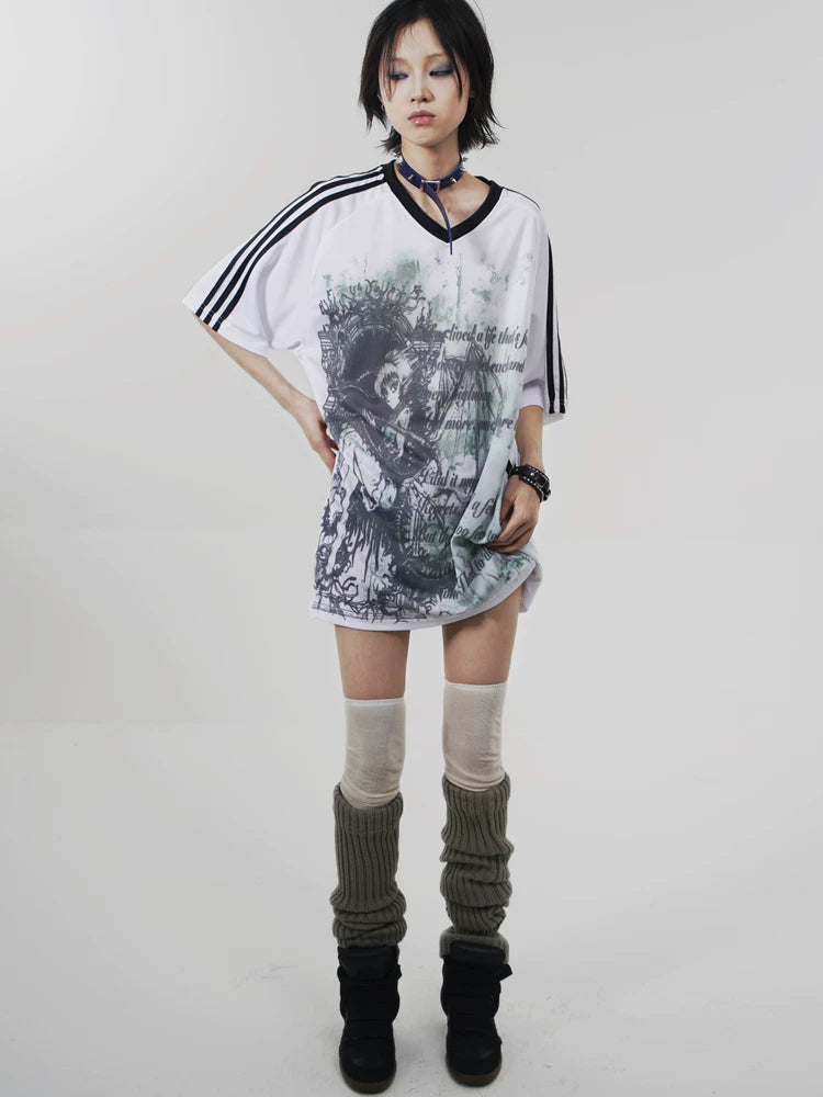 Anime Print Oversize V-Neck Short Sleeve T-Shirt