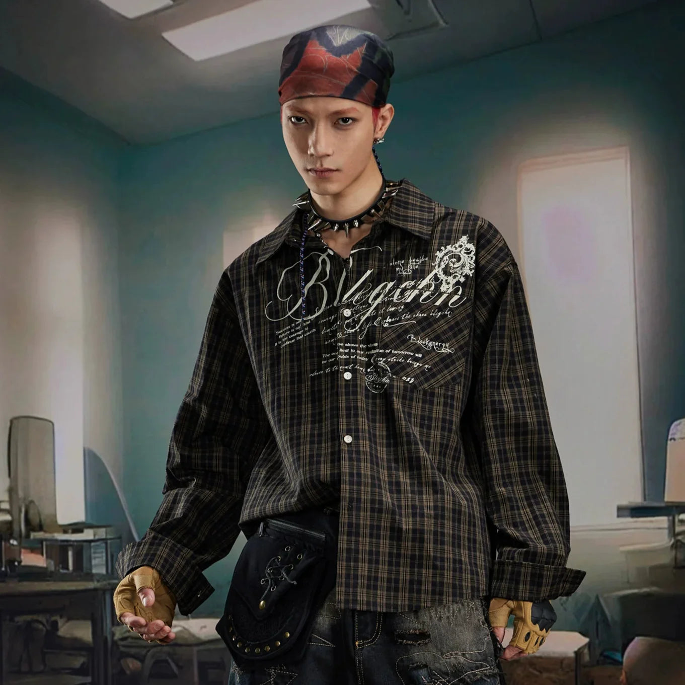 Print Oversize Plaid Long Sleeve Shirt