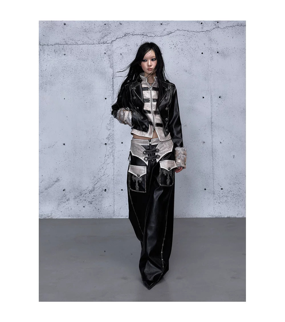 Lace Panel Buckle Detail Wide Leg PU Leather Pants
