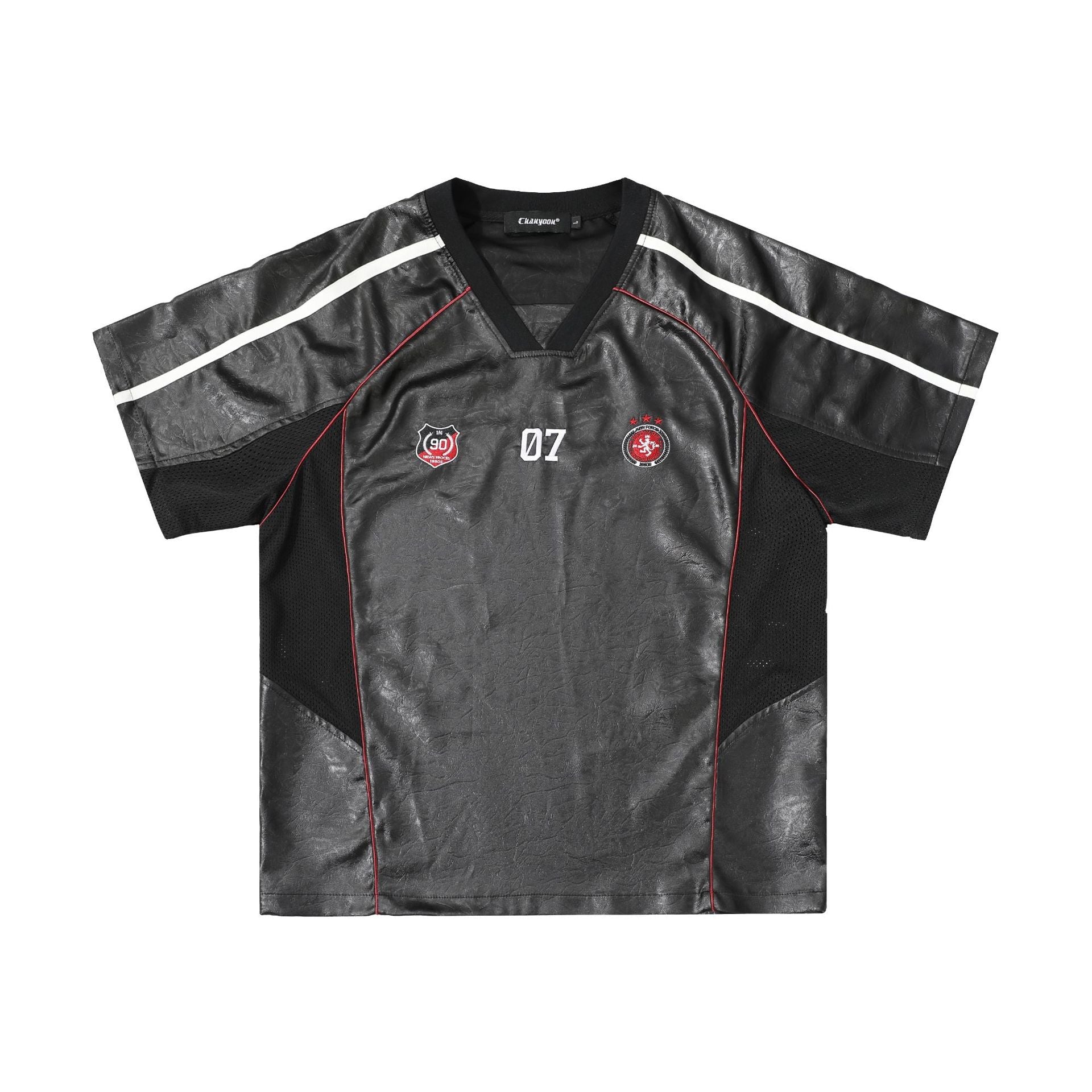 Chest Emblem PU Leather Stitching V-Neck Oversize Short Sleeve T-Shirt