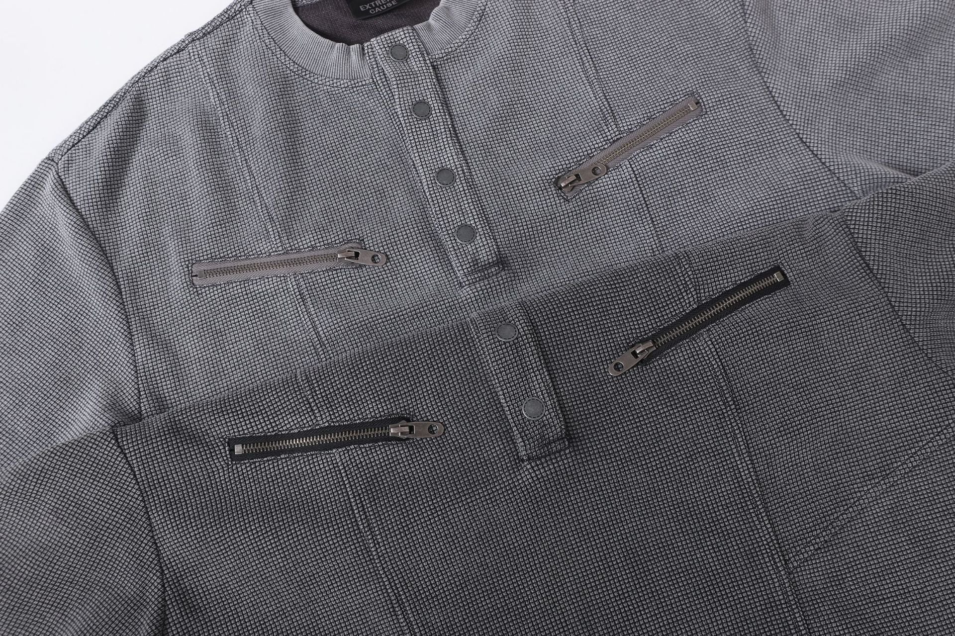 Half-Open Collar Check Wash Damage Short Sleeve T-Shirt