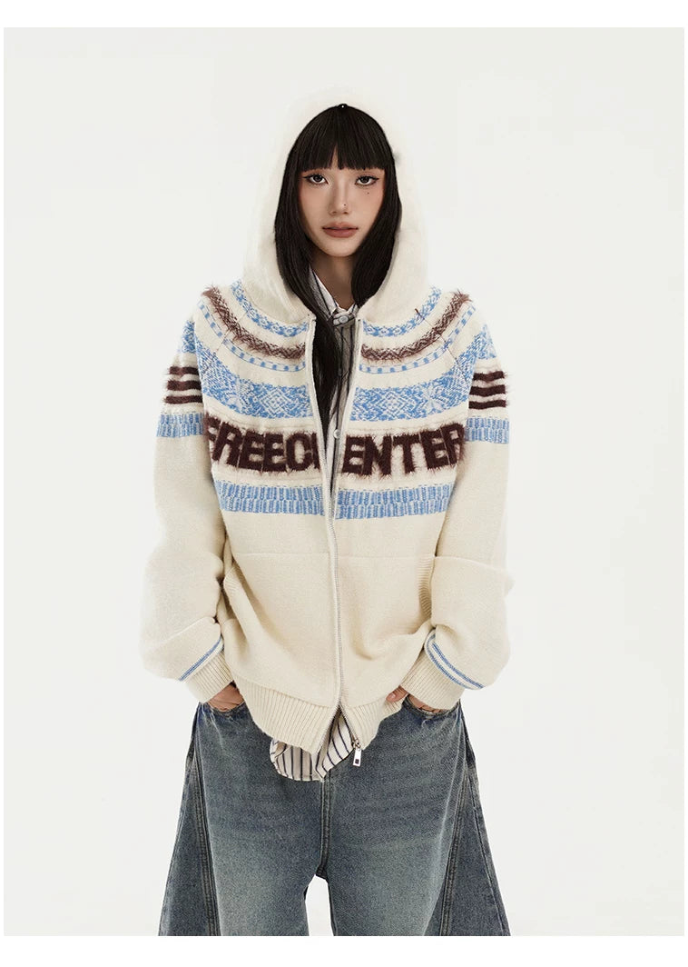 Fair Isle Hooded Detachable Fur Collar Knit Cardigan