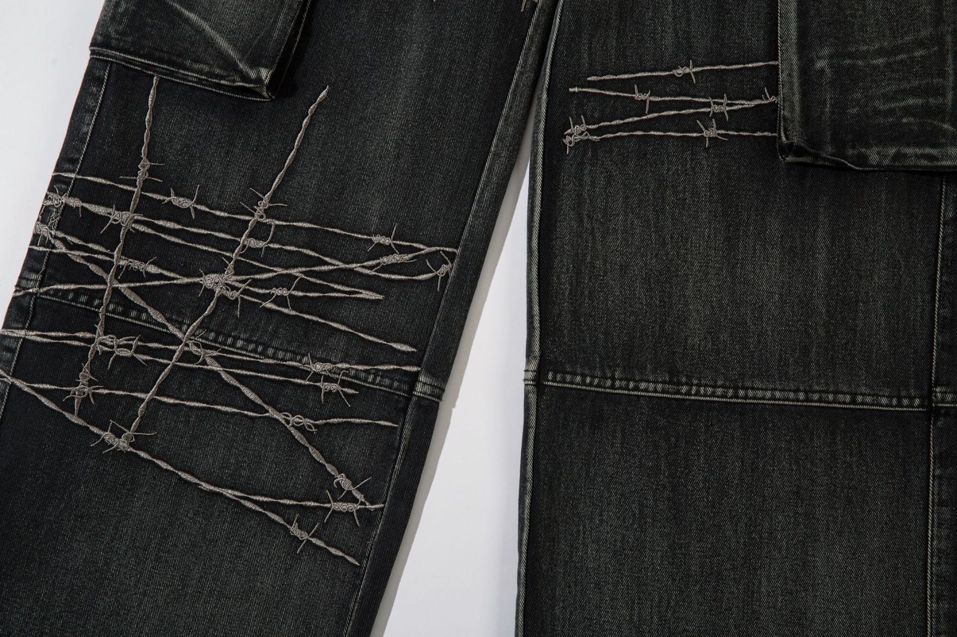 Cargo Pocket Embroidery Wide Leg Denim Jeans