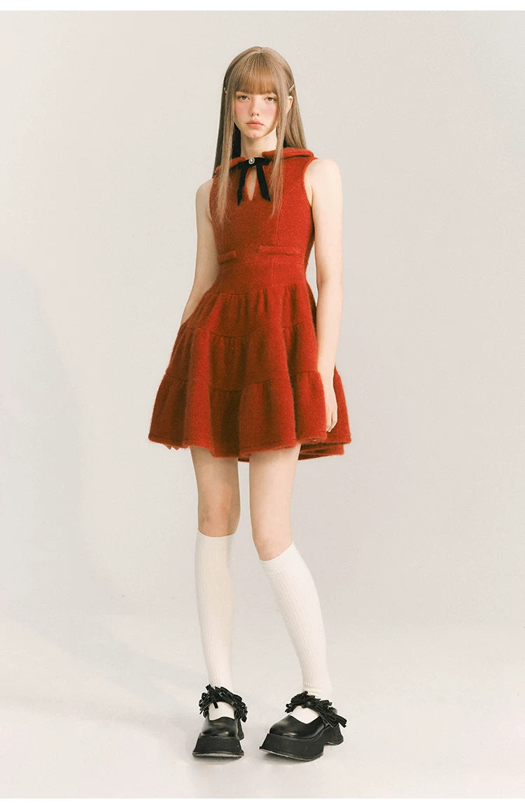 Bow Velvet Ruffle Short Length Dress