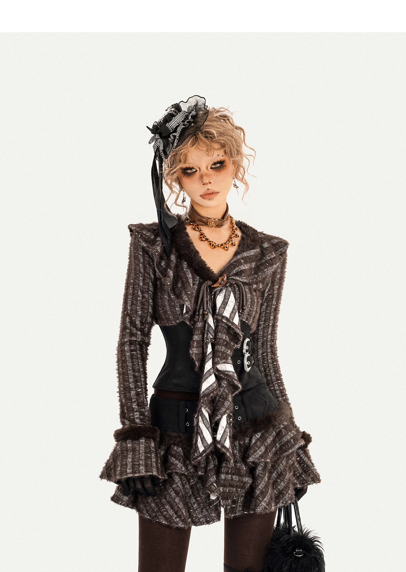 Original Design Patchwork Raw Edge Slim Long Sleeve Shirt & Skirt Setup