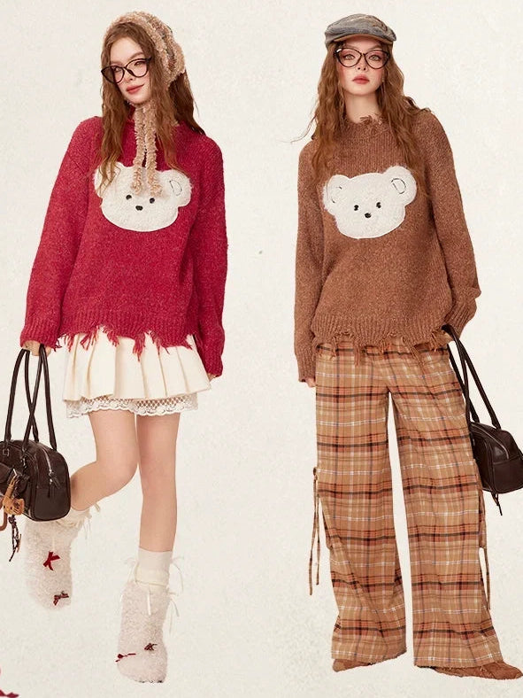 Bear Design Fringe Knit Sweater