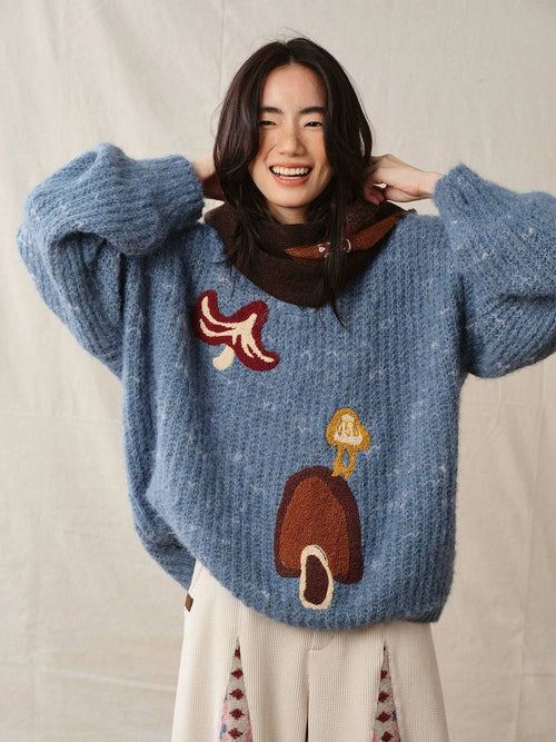 Suéter de tricô slouchy com bordado - Blue / PP