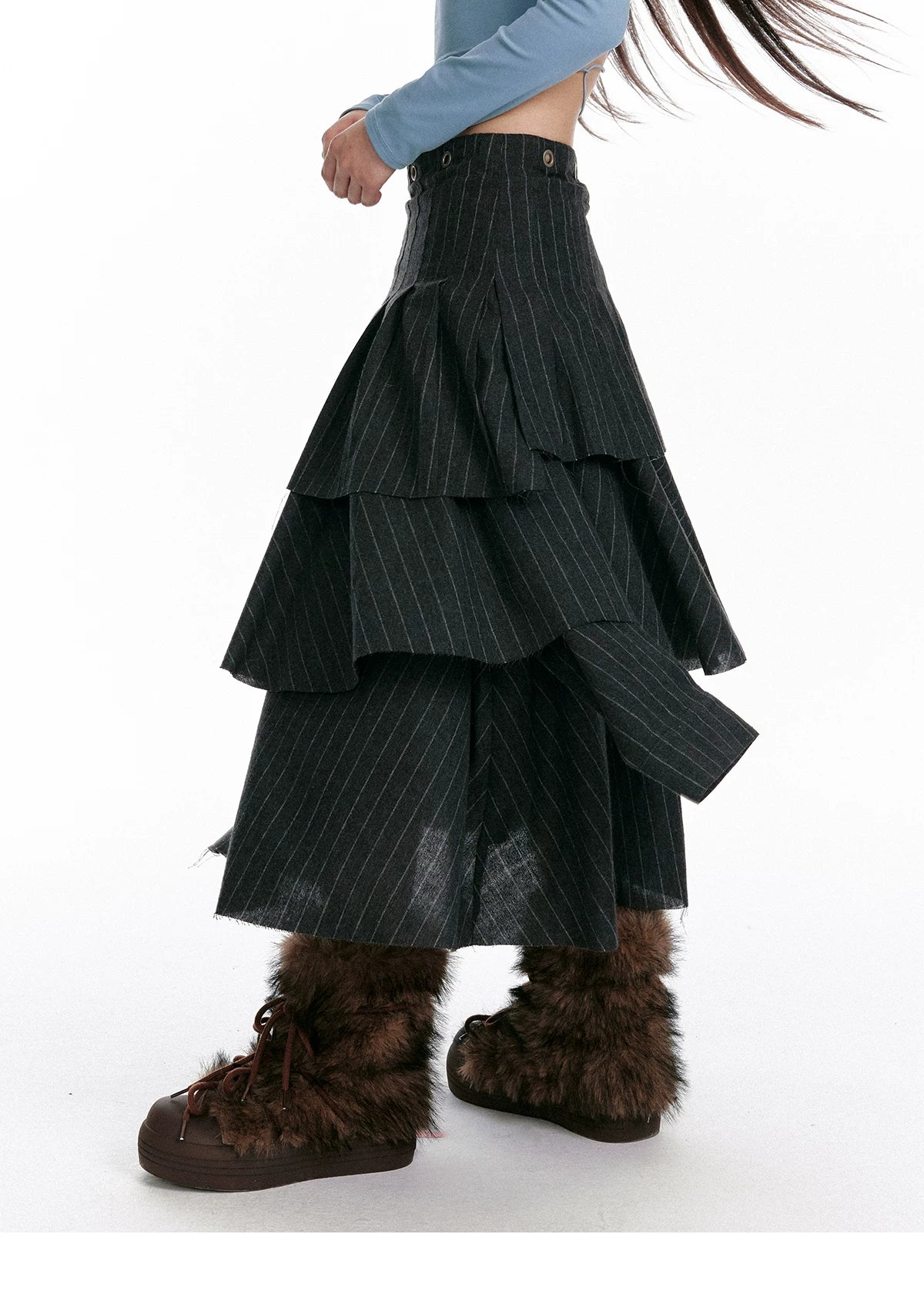 Textured Asymmetrical Striped Midi Ruffle Skirt