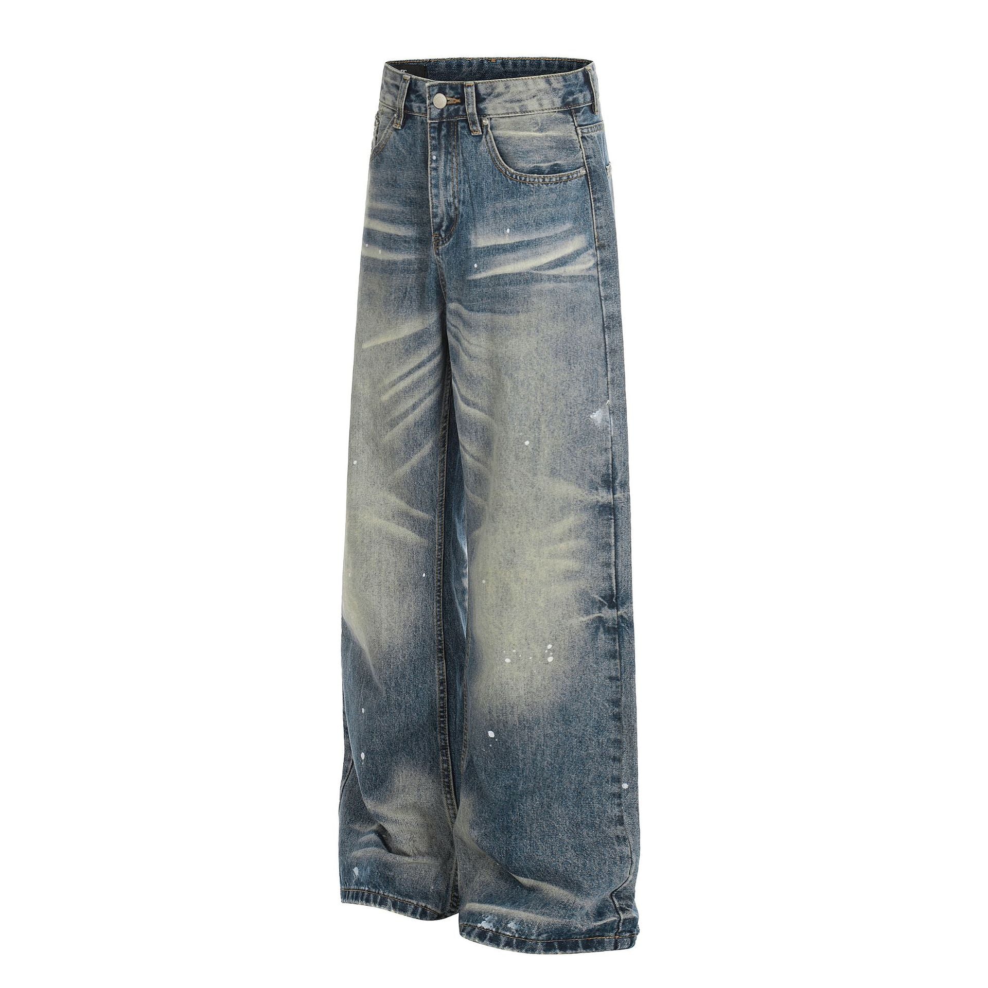 Washed Whisker Paint Splatter Straight Denim Jeans