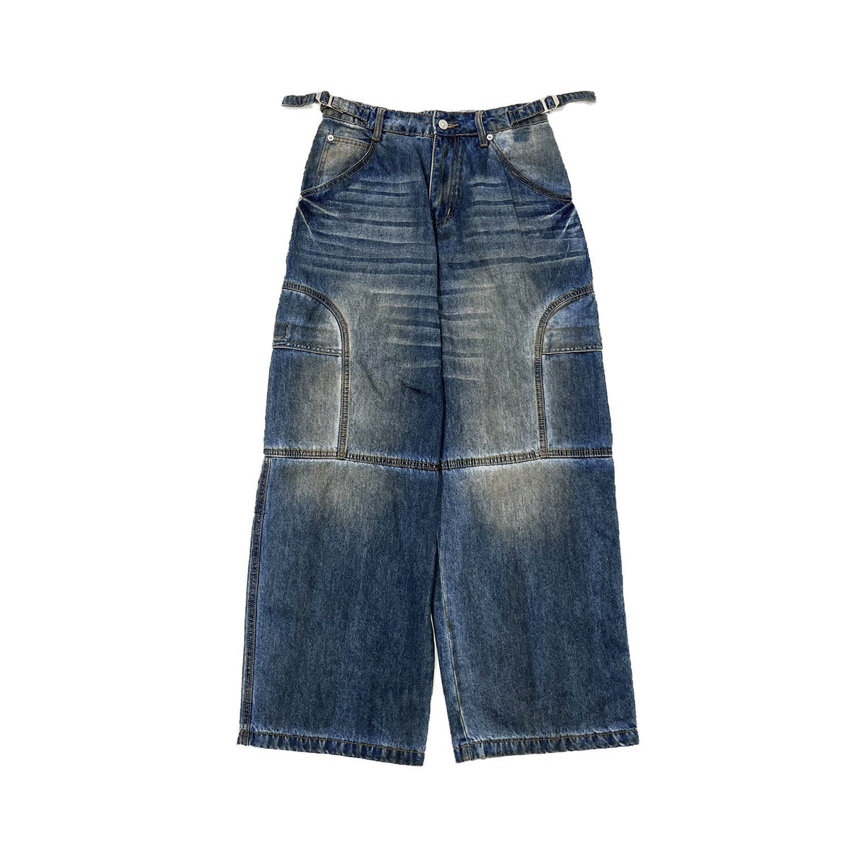 Washed Panel Strap Detail Wide Leg Denim Jeans