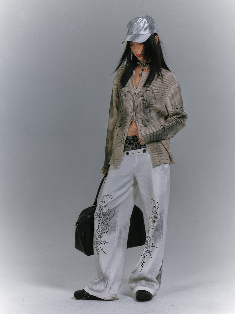 Washed Damage Graffiti Design Oversize Knit Cardigan
