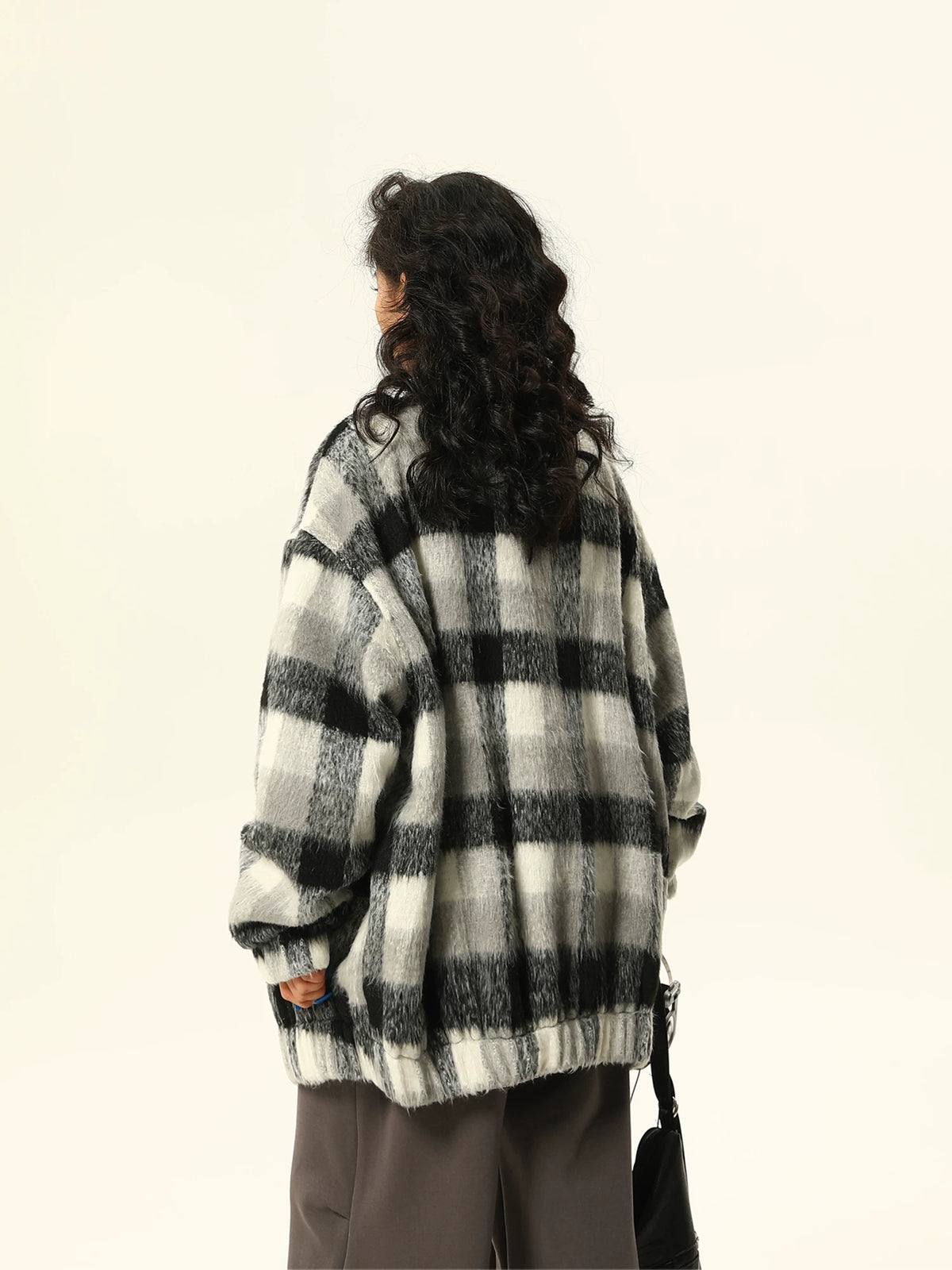 PU Leather Mix Woolen Plaid Jacket