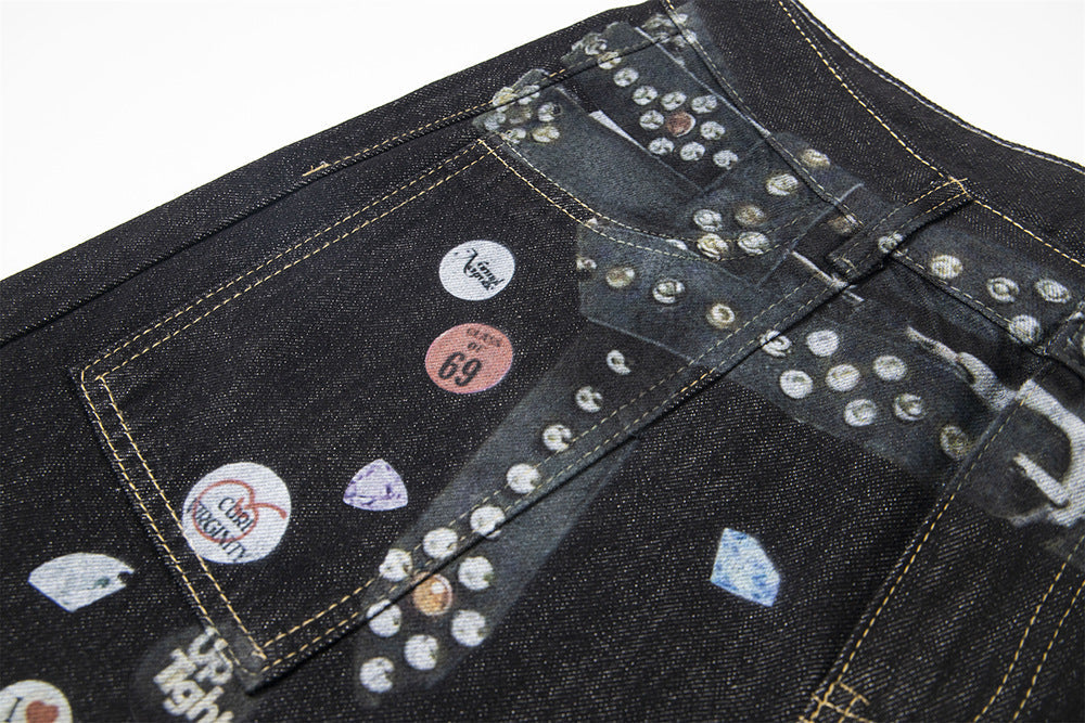 Badge Belt Print Wide Leg Half Denim Jeans