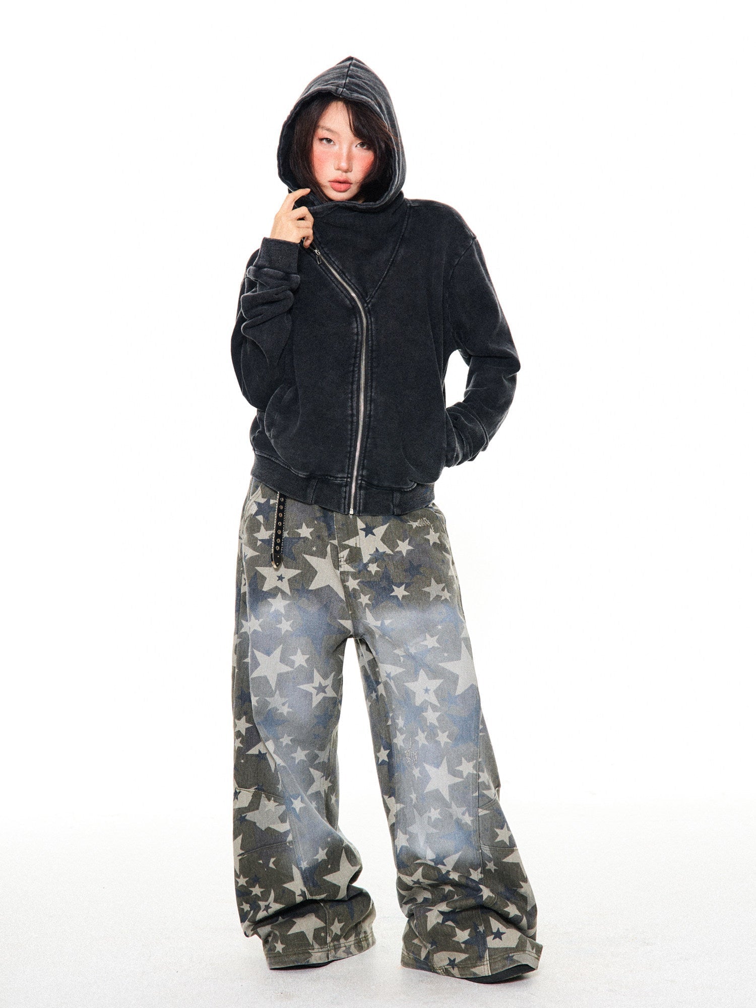 Asymmetrical Zipper Oversize Hooded Jacket